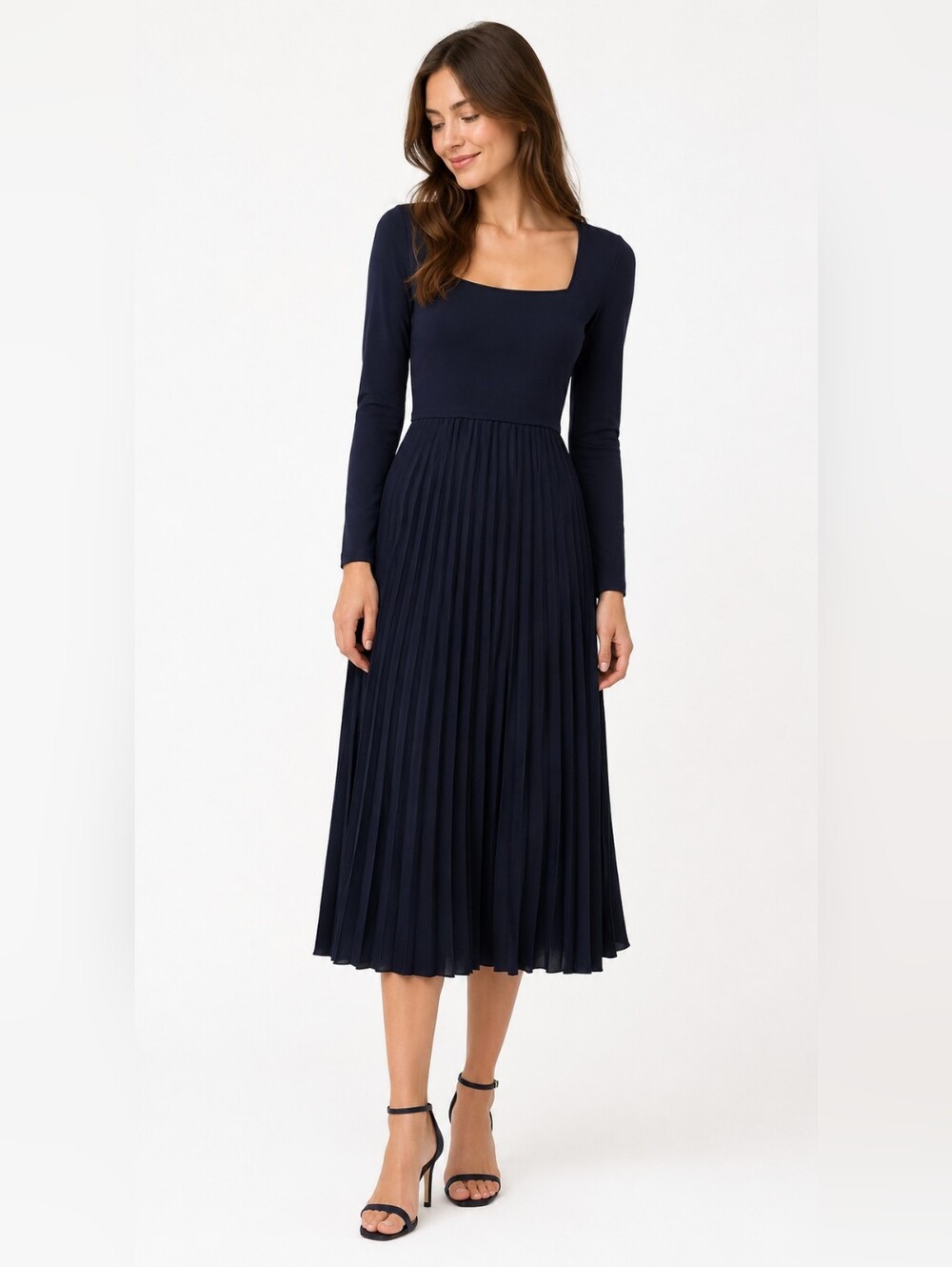 Witchery Navy Square-Neck Long Sleeve Pleated Midi Dress
